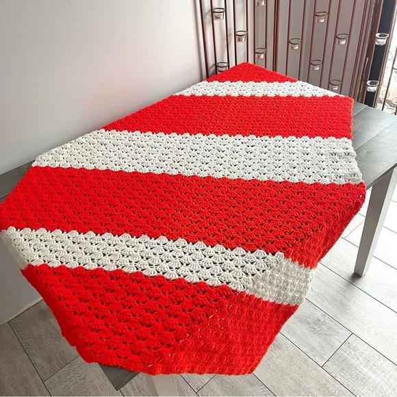 Vintage Crocheted Afghan Striped Red-Orange White with Defects - Picture 1 of 11